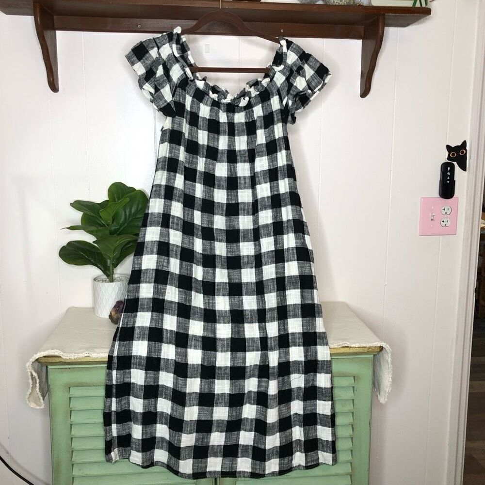 Cory Womens Checker Cap Sleeve Cotton Tent Dress Black White Size Medium